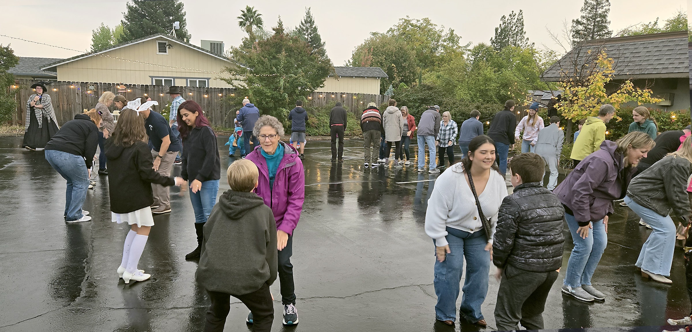 Congregation members dancing at an annual church harvest hoedown in Northern California